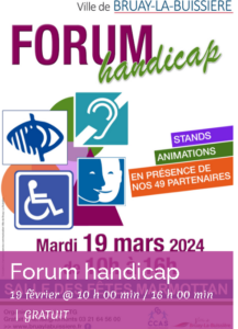 Affiche du forum handicap de Bruay La Buissière qui a eu lieu le mardi 19 mars 2024 de 10h00 à 16h00.